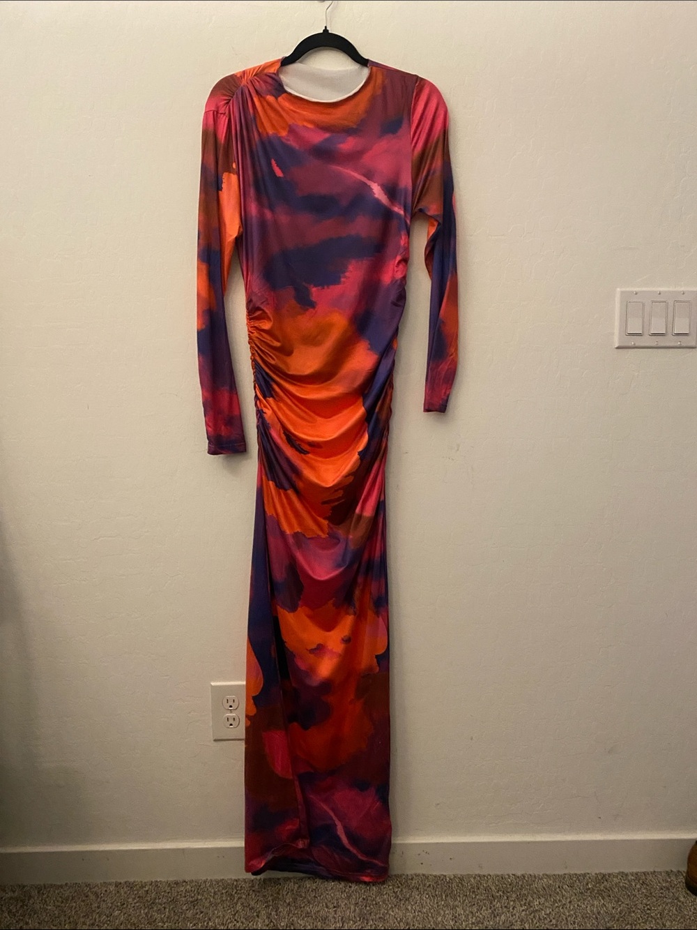 Ruched Waist Long Sleeve Maxi Dress in Orange & Pink Abstract Print